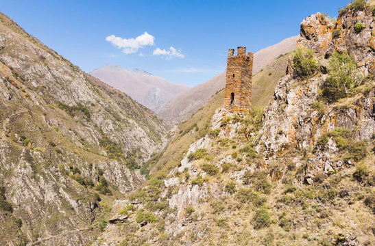 Tower on the rock in Mutso, Khevsureti, Georgia.