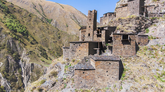 Ancient City-Fortress Mutso, Khevsureti, Georgia. Aerial view.