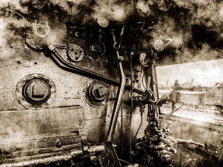 View on cabine of locomotive driverin steam.