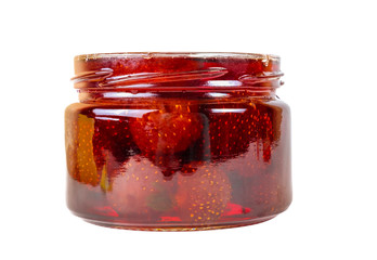 Strawberry jam in a glass jar