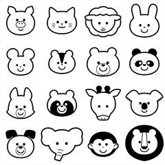 Cute Animals Face Icon Illust Set simple