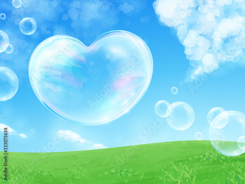 ハートのシャボン玉の背景イラスト 空 草原 Wall Mural ふわぷか