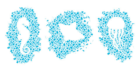 Plastic trash planet pollution concept vector illustration. Marine animals silhouette cut in plastic trash flat icon spot, isolated on white background. Marine animal life damage banner.