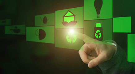 Waste recovery. Collage with businessman choosing button with recycling symbol on virtual screen,...