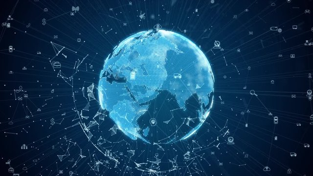 Digital data network connections with icon and global communication. 5g high-speed connection data analysis. Technology data binary code network conveying connectivity on blue background concept.