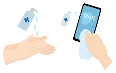 Using sanitizer for hands and phone. Coronavirus disease prevention measures. Vector flat illustration isolated on a white background.