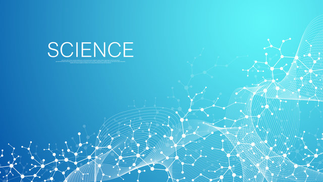 Abstract medical background DNA research, molecule, genetics, genome, DNA chain. Genetic analysis art concept with hexagons, waves, lines, dots. Biotechnology network concept molecule, vector