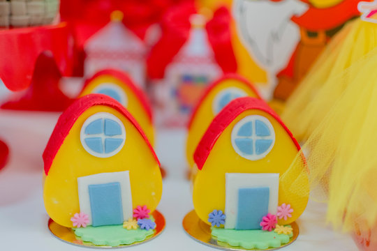 Colorful Birthday party decoration. Little house handmade for decoration.