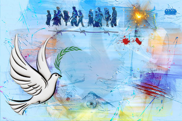 An illustration of a peace dove over the land of war and refugees, 3d illustration.