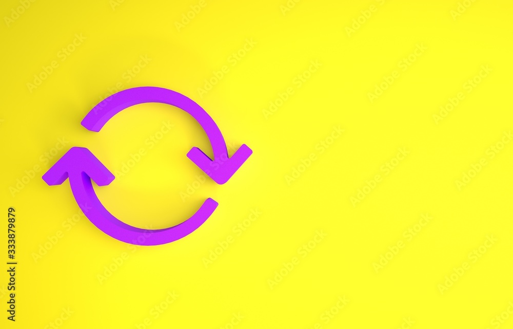 Poster purple refresh icon isolated on yellow background. reload symbol. rotation arrows in a circle sign. 