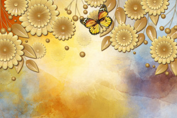 Colorful textural background, flowers branches and a flying  hummingbird, spring concept, 3d...