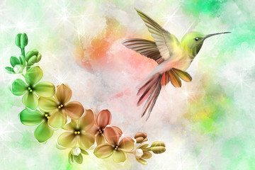 Colorful textural background, flowers branches and a flying  hummingbird, spring concept, 3d illustration
