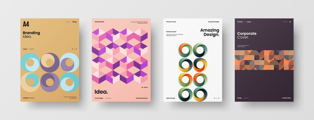 Business presentation vector A4 vertical orientation front page mock up set. Corporate report cover abstract geometric illustration design layout bundle. Company identity brochure template collection.