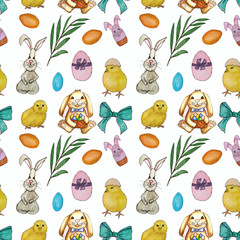 Watercolor Easter pattern. hand drawn seamless texture with rabbits, flowers, branches