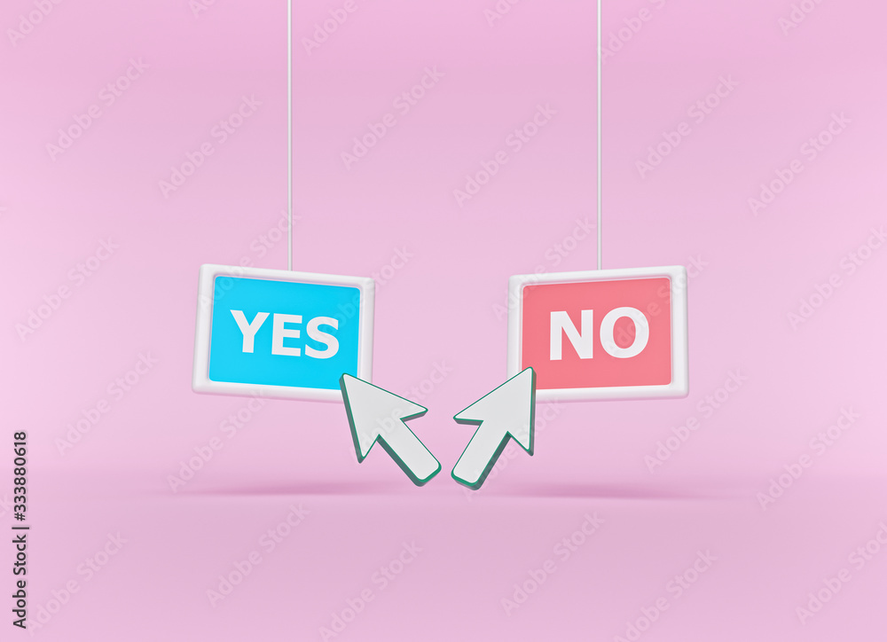 Aufkleber yes and no minimal design. hard choice and decision making concept. 3d rendering