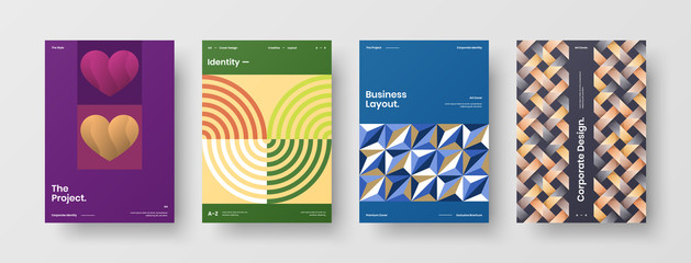 Business presentation vector A4 vertical orientation front page mock up set. Corporate report cover abstract geometric illustration design layout bundle. Company identity brochure template collection.