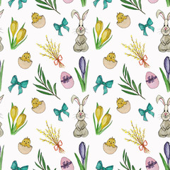 Watercolor Easter pattern. hand drawn seamless texture with rabbits, flowers eggs. chicks