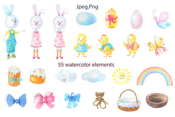 Watercolor elements for Easter. Bunny, rabbit,hare,Cake,nest, yellow chicken,bow,sun,egg,rainbow,basket on white