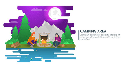 night landscape illustration in flat style cartoon people sit around a fire and cook food mountains forest Background for summer camp nature tourism camping or Hiking concept design