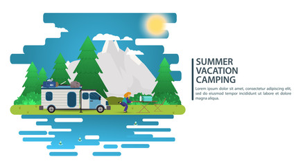 Sunny day landscape illustration in flat style cartoon people came by car to the camp site mountains forest Background for summer camp nature tourism camping or Hiking concept design