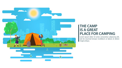 Sunny day landscape illustration in flat style people put up a tent Background for summer camp nature tourism camping or Hiking concept design