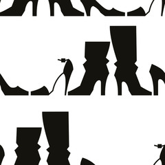 Vector seamless pattern with different models of female footwear. Black silhouettes , high heels shoes. Minimalism, design for textile , wrapping paper, wallpaper ,decor shopping card.