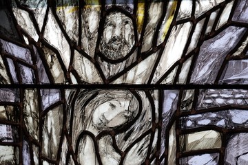 God, the Creator of all life, detail of stained glass window by Sieger Koder in church of Saint...