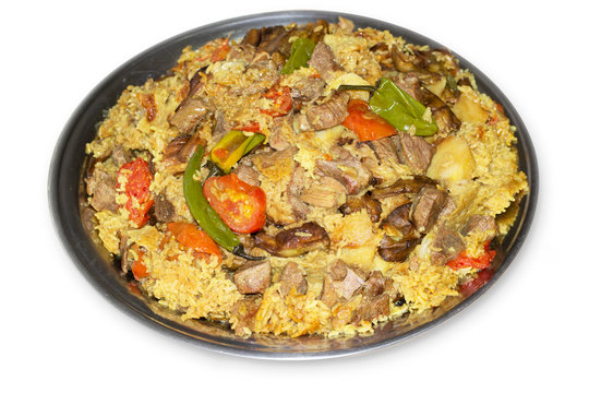 Maqluba or Maqlooba is a traditional Syrian, Iraqi, Palestinian, and Jordanian dish served throughout the Levant. It consists of meat, rice, and eggplant placed in a pot which is flipped upside down.