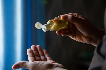 Coronavirus pandemic prevention wash hands with soap warm water and , rubbing nails and fingers washing frequently or using hand sanitizer gel.