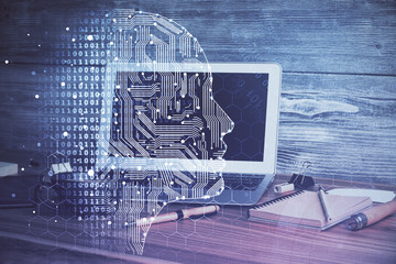 Double exposure of work table with computer and brain sketch hologram. Brainstorming concept.