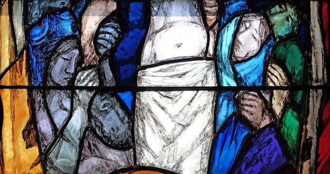 God&rsquo;s promise gives men courage and hope in the path of their lives and salvation, detail of stained glass window by Sieger Koder in St. John church in Piflas, Germany