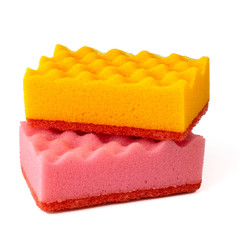 Two rectangular dishwashing sponges isolated on a white background.