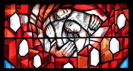 God cares for His own and strengthens them in their life path, detail of stained glass window by...