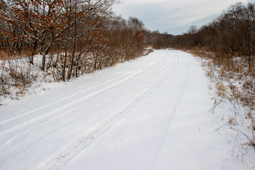 Obraz premium Snow fell out on a narrow dirt road