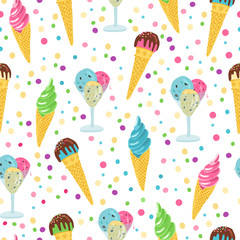 Vector seamless pattern with hand drawn ice cream in waffle cones and glass cups. Polka dots colorful background. Great for fabrics, wrapping papers, covers.