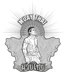 Fototapeta na wymiar Gray Illustrated Muay Thai print with a portrait of a fighter in vector style.