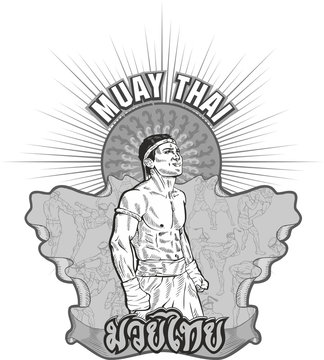 Gray Illustrated Muay Thai print with a portrait of a fighter in vector style.