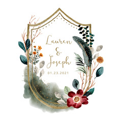 wedding badge with beautiful misty floral watercolor frame