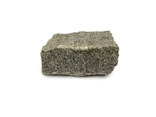 Gray granite stone specimen on white background. Granite is igneous rocks. There is noise and grain caused by the texture of the stone.
