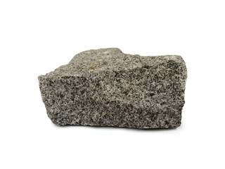 Gray granite stone specimen on white background. Granite is igneous rocks. There is noise and grain caused by the texture of the stone.