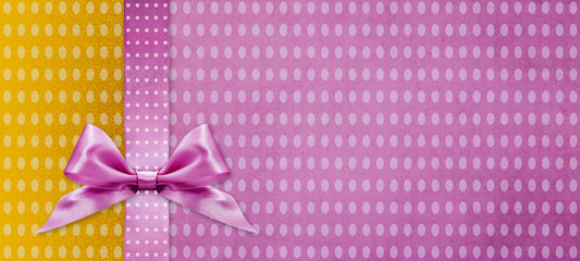 happy easter gift card with pink ribbon bow Isolated on pink texture  background with copy space