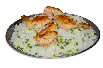 Traditional homemade dish of  rice and peas with chicken meat. isolated on white background.