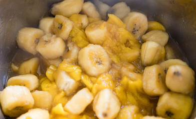 Minatamis na saging is a Filipino dessert made with saba bananas cooked in a sweet syrup made with muscovado sugar and water