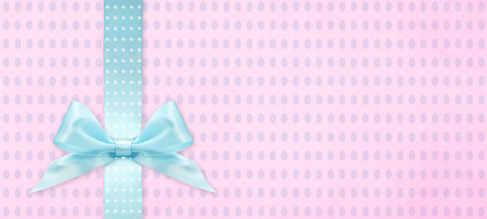 happy easter gift card with blue ribbon bow Isolated on pink texture background with copy space