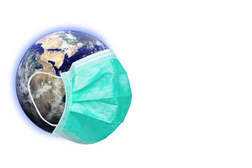Earth is wearing a protective mask protection from viruses and pandemic of Elements of this image furnished by NASA
