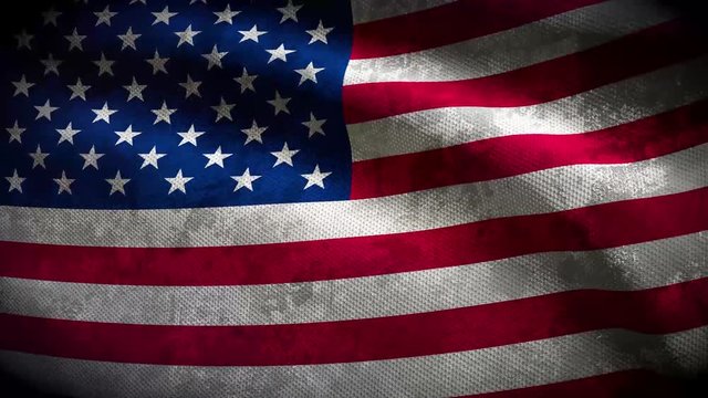 60FPS dark grunge USA flag colored in blue, red, white with shabby fabric texture waving, UHD 4k 3d seamless looping animation