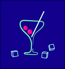Neon drink Vector. Neon cocktail sign, modern trend design, night bright advertising, light banner, line art. Vector. Night bar illustration. Long drink with cherry and cocktail tube for banner