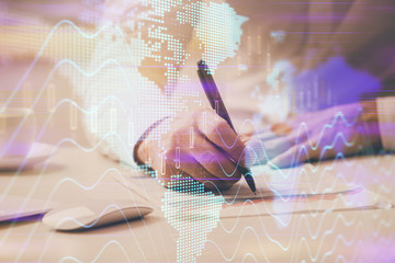 Financial trading chart multi exposure with man desktop background.