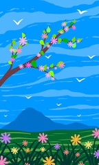 Fototapeta na wymiar Spring landscape. Mountain, a branch of a blossoming tree and a flower meadow. Vertical abstract flat vector illustration.