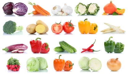 Fototapete Gemüse Sammlung von Gemüse Tomaten Karotten Salat Kürbis frische Lebensmittel Gemüse Kartoffeln isoliert